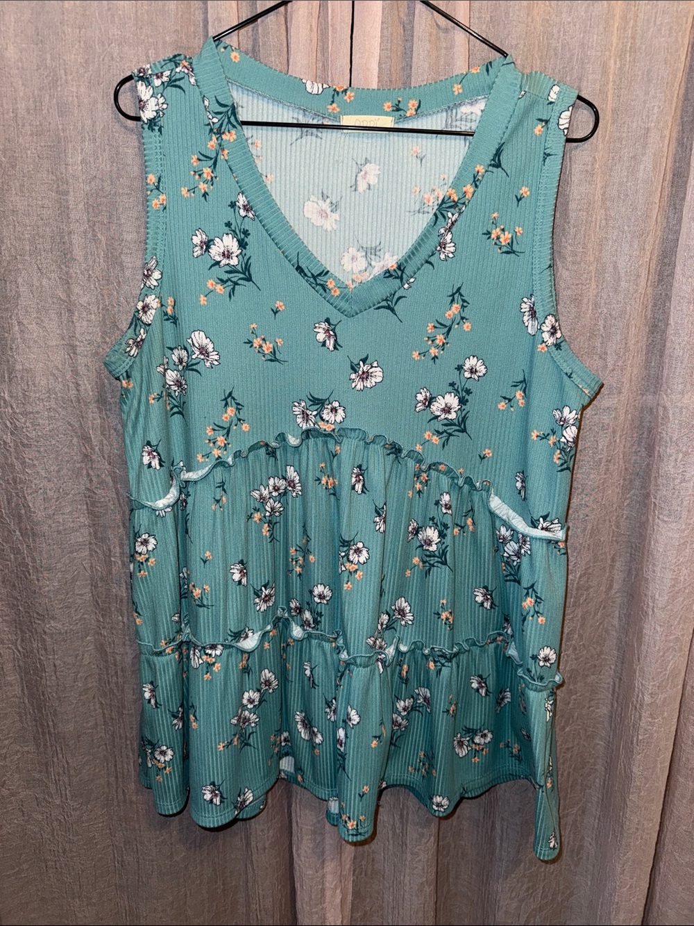 ODDY Teal Floral V-Neck Tiered Tank